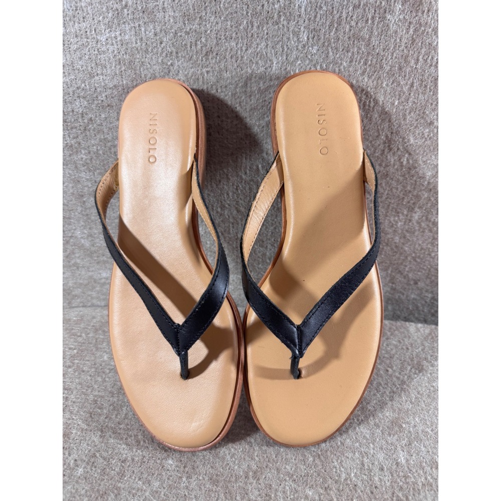 Nisolo Leather Flip Flop Sandals Womens 7 Black Tan Minimalist Sustainable
